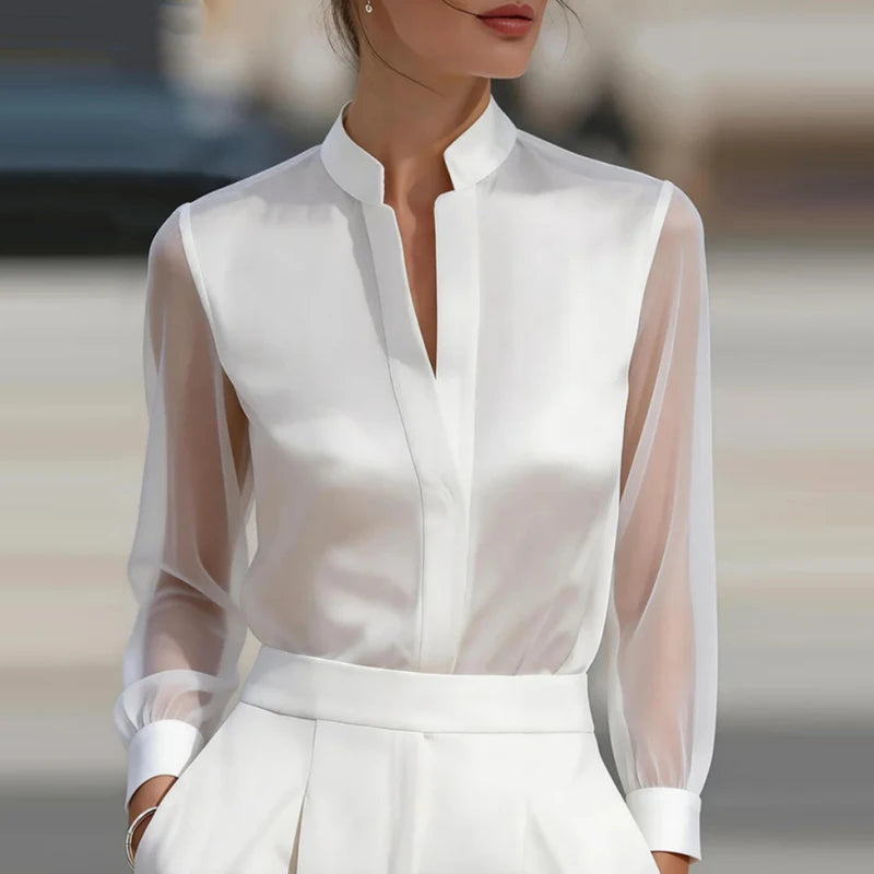 Loose V-Neck Long Sleeve Solid Broadcloth Blouse