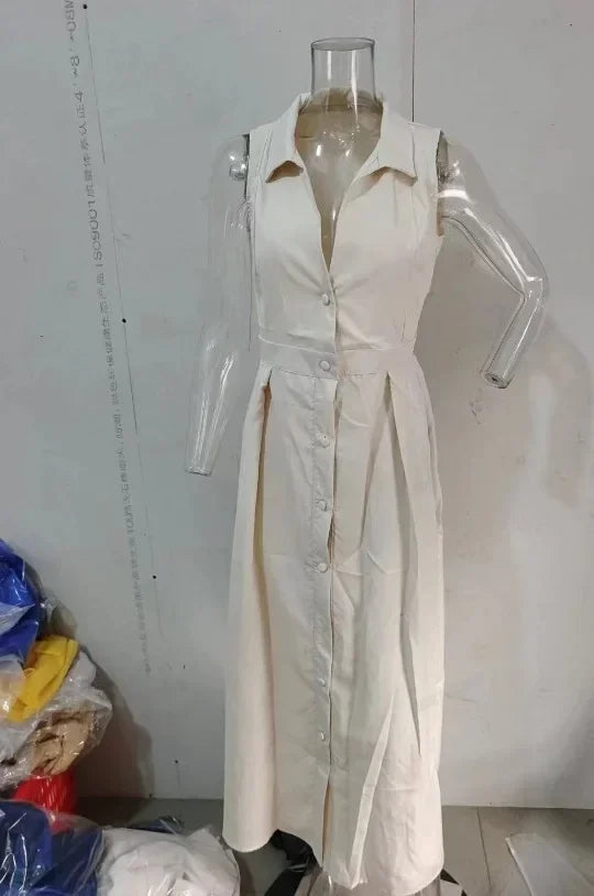 Commuter Button Sleeveless Blazer Maxi Dress Women Dot Office Lady Ankle Length Loose Fit Spliced Button Print Casual Daily Wear