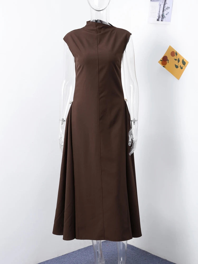Elegant Black Long Dress Women Fashion High Collor Sleeveless Pleat Irregular Dresses 2025 Spring Summer Party Lady Evening Robe