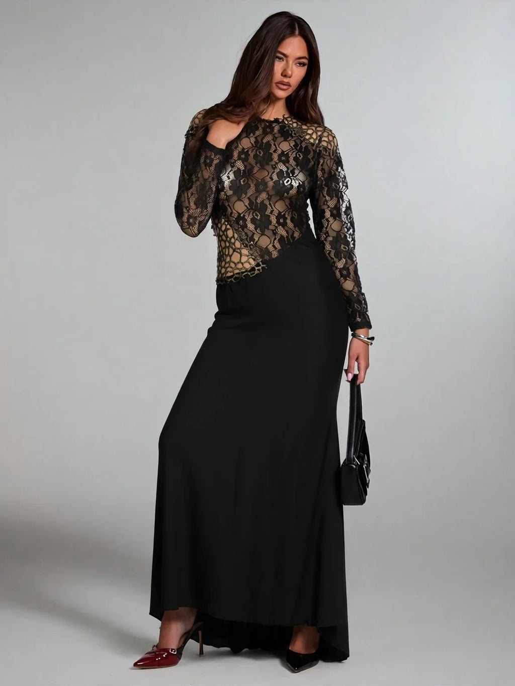 Women's Lace Fishtail Bodycon Maxi Dress Elegant Classy Fall Long Sleeve Mock Neck Cocktail Patchwork Dress See Through