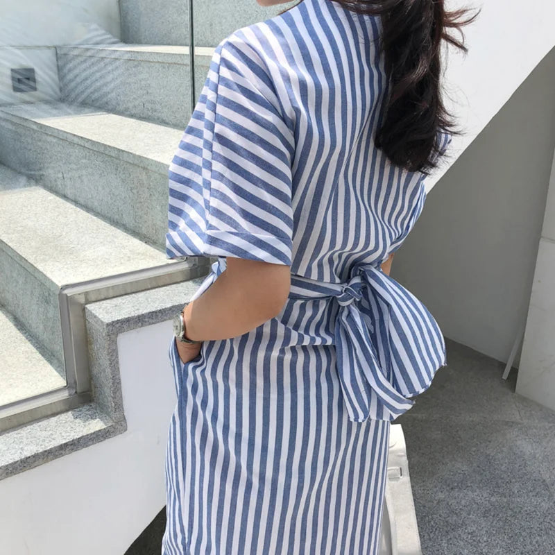 Summer Cotton Striped Pocket Split Long Dress For Woman Casual Office Lady Dresses Fashion Women's Clothing Robe Femme
