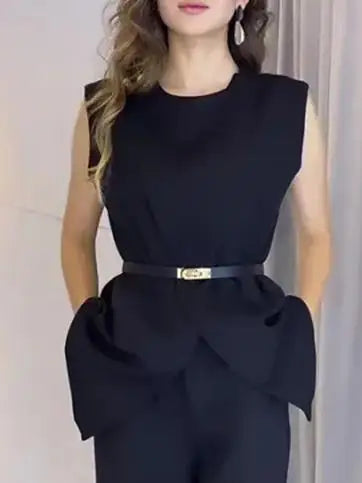 Sleeveless Round Neck Split-Front Vest Top with Sash Belt