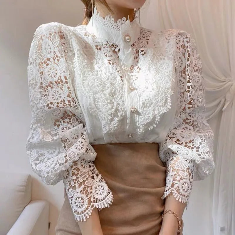 Vintage Lace Stand Collar Lantern Sleeve Button Blouse