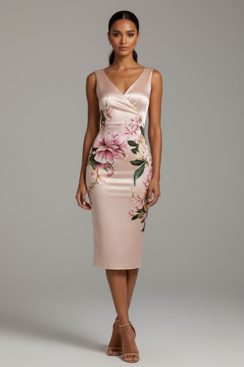 Geometric Print V-Neck Knee-Length Dress – Slim, Long Sleeve