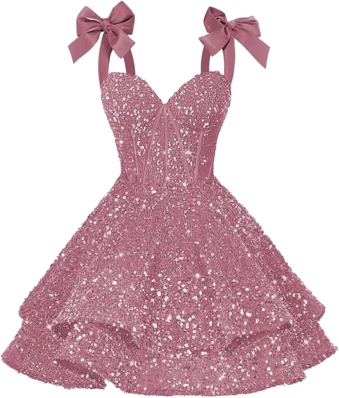 Sparkly Sequin Bows Homecoming Dresses 2026 Short Spaghetti Straps Tiered Satin Sweet Prom Cocktail Dress Graduation Dress