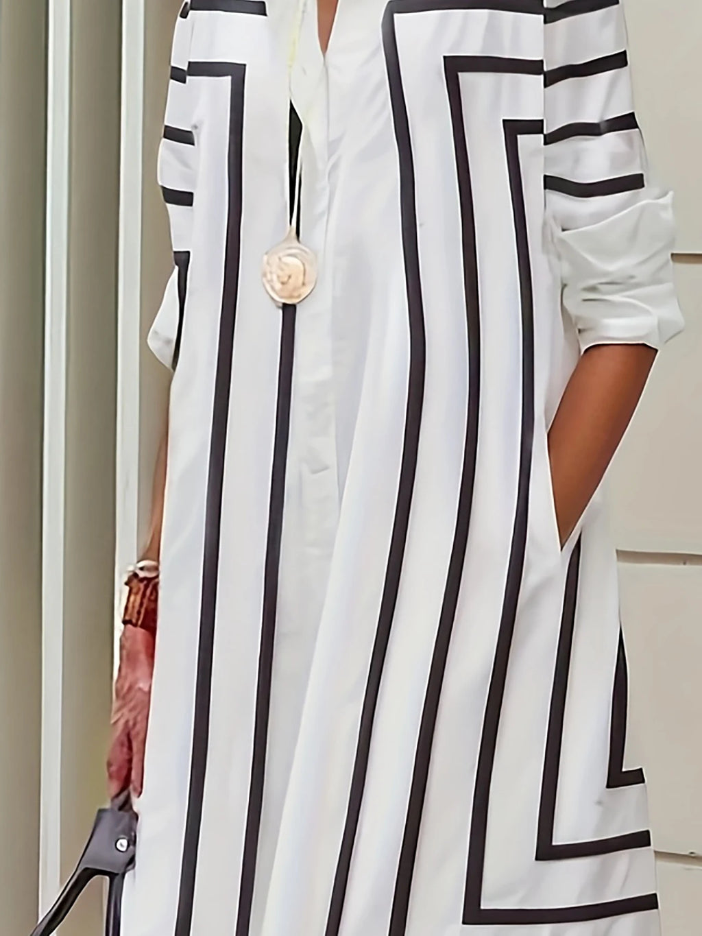 Black & White Striped Button Shirt Dress