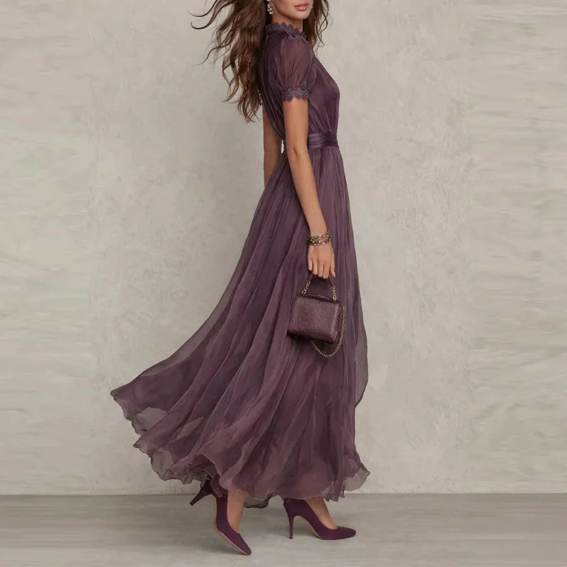 V-Neck Ruffle Cinched Waist Flowy A-Line Maxi Dress