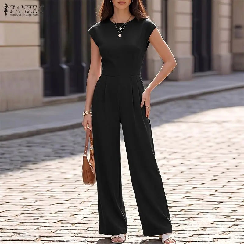 ZANZEA 2026 Summer Rompers Fashion Women Jumpsuits O Neck Short Sleeve Playsuit Elegant Solid Wide Leg OL Work Overalls Trousers