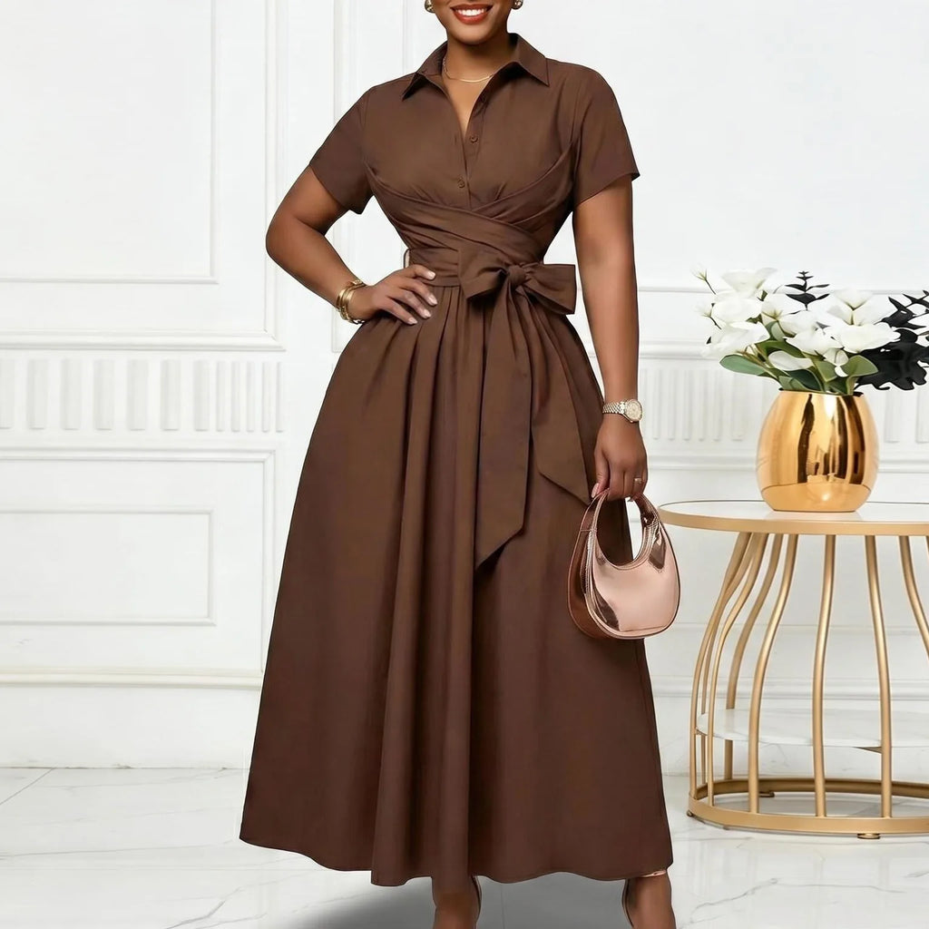 C8662 Women's Summer 2026 New Style Pure Color Belted Short Sleeve Turn-down Collar Dress Elegant Fashion High Waist Midi Dress