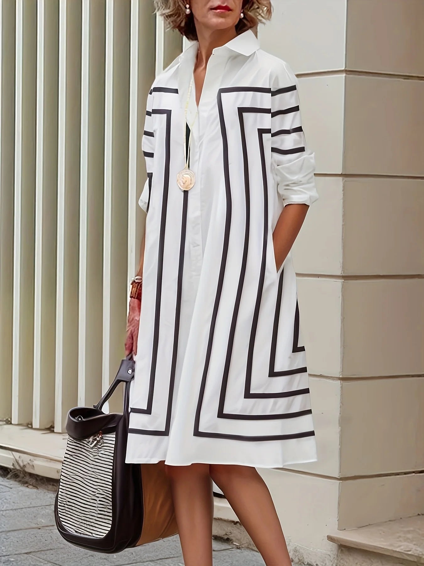 Black & White Striped Button Shirt Dress
