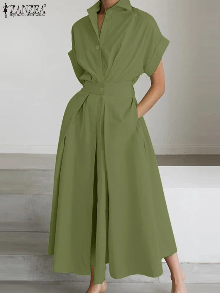 ZANZEA Fashion Women Collared Shirtdress Elegant Short Sleeve Elastic Wasit A-Line Maxi Dresses Summer Casual Robes Streetwear