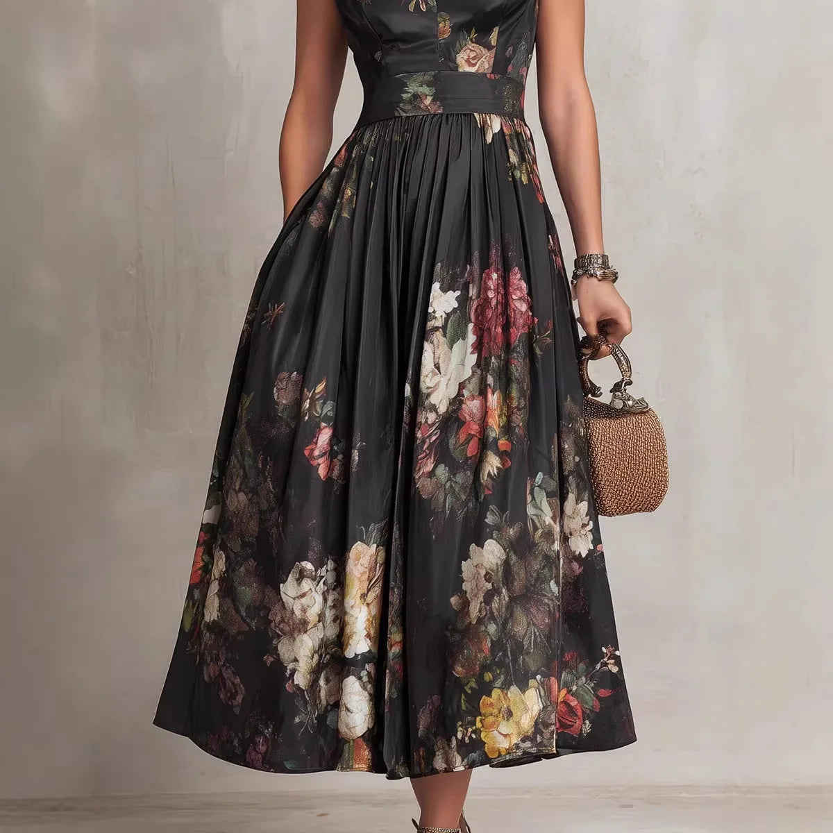2026 Spring New Women's Sleeveless Black Digital Print Long Skirt Three-dimensional Flower Slim Dress for Women