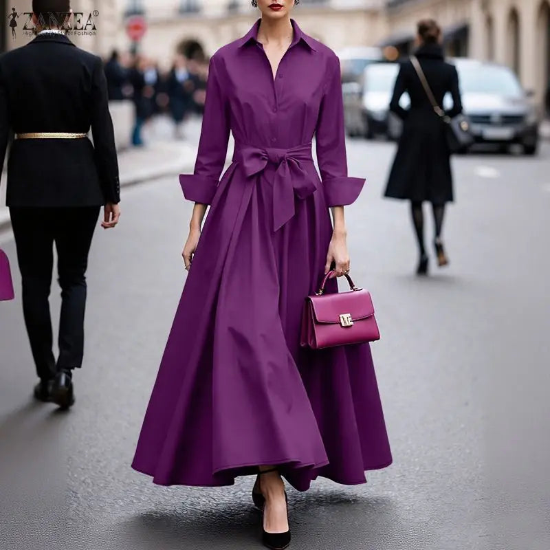 ZANZEA Elegant Lapel Neck Long Sleeve OL Dress Fashion Women Dresses 2026 Spring Solid Belted Robe Stylish A Line Work Sundress