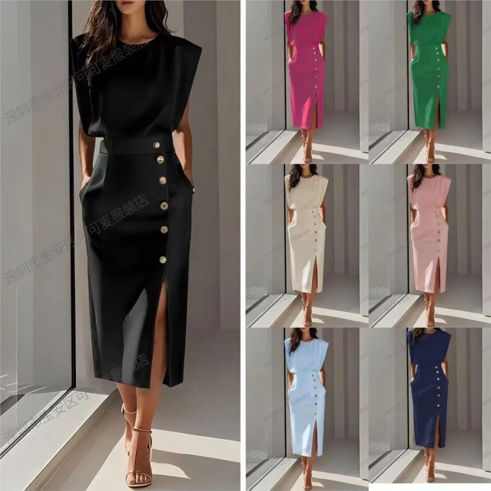 Elegant Ladies Waist Tightening Slit Metal Button Dresses Summer New Slim Hip Sleeveless Pocket Women's Office Dress 2025