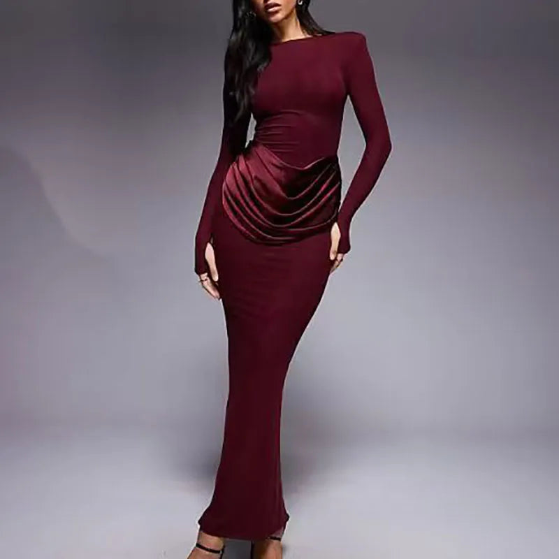O-Neck Long Sleeve Ruffle Bodycon Maxi Dress – High Waist