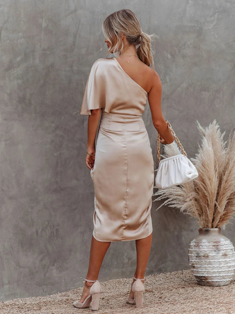 Asymmetric Satin Oblique Collar Mini Dress