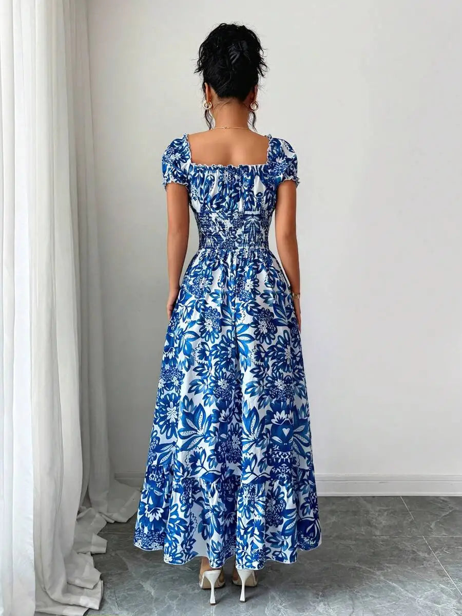 Floral Puff Sleeve Open Back Shirred Maxi Dress