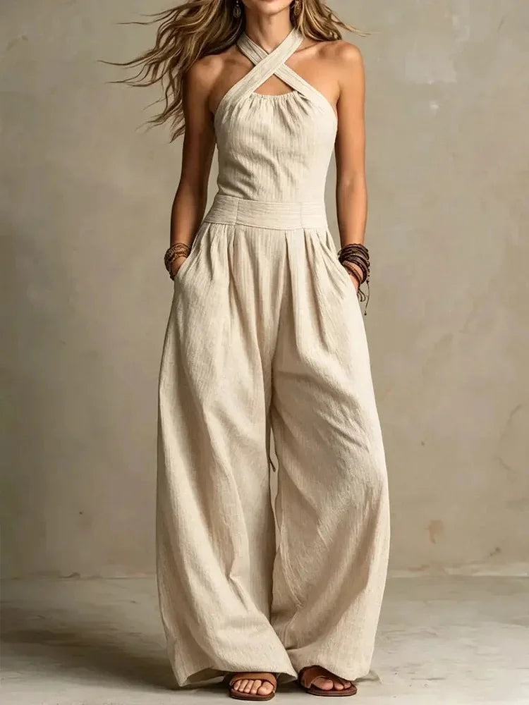 Sleeveless Wide-Leg Slim Fit Solid Jumpsuit