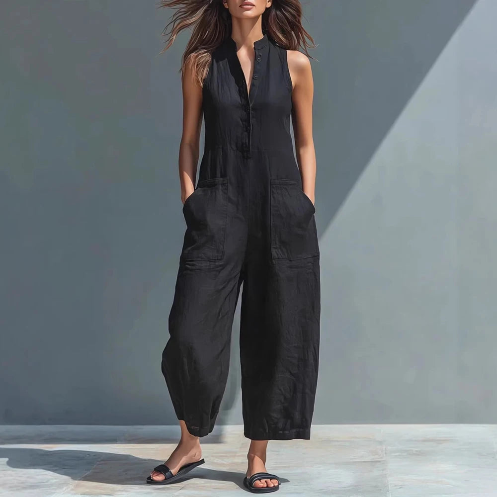 Sleeveless Stand Collar Button-Down Slim Straight-Leg Jumpsuit with Pockets