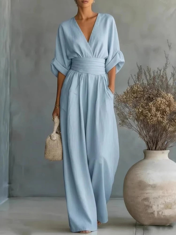 New Women's Jumpsuit Fashion High Waist V-neck Jumpsuits Solid Color Casual Office Wide Leg Trousers Overalls Vacation Outfit