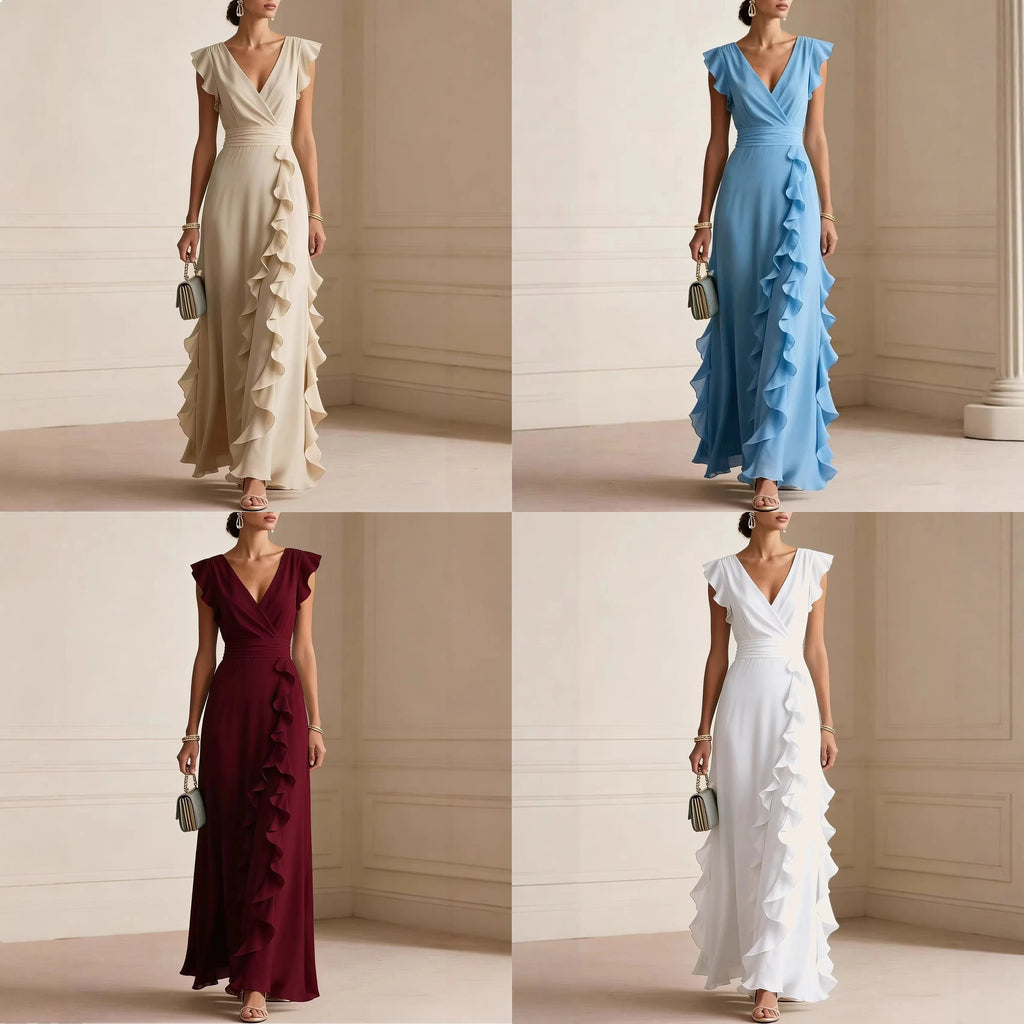 V-Neck Pleated Short Sleeve Solid Maxi Dress