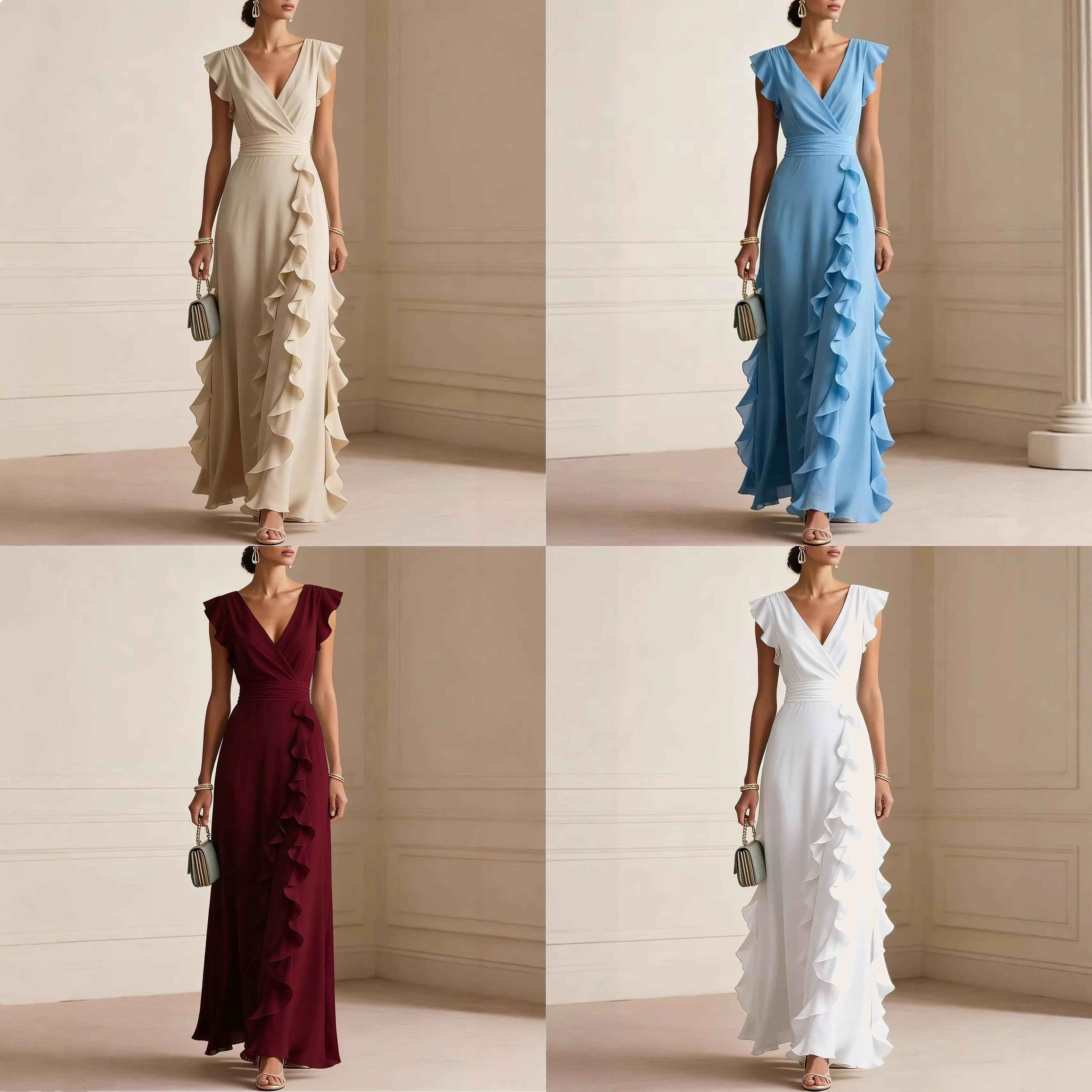 V-Neck Pleated Short Sleeve Solid Maxi Dress