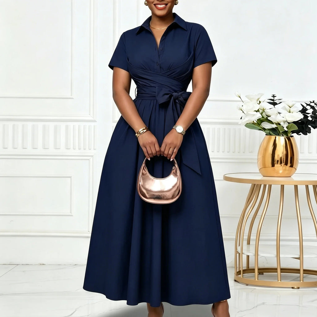 C8662 Women's Summer 2026 New Style Pure Color Belted Short Sleeve Turn-down Collar Dress Elegant Fashion High Waist Midi Dress