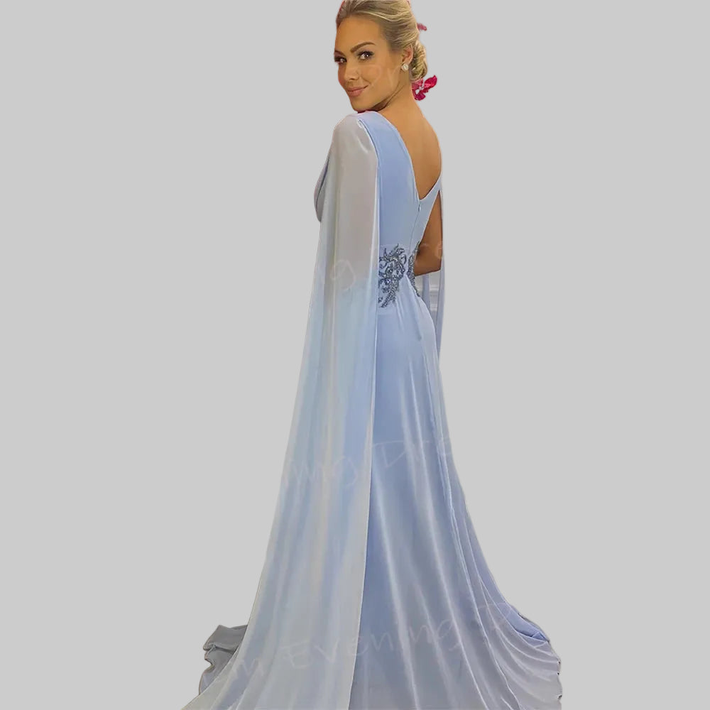 V-Neck Chiffon Appliqué Backless A-Line Prom Gown
