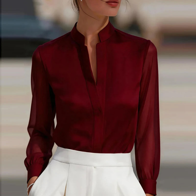 Loose V-Neck Long Sleeve Solid Broadcloth Blouse