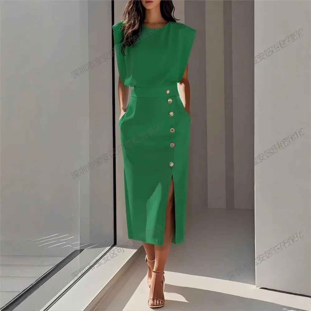Elegant Ladies Waist Tightening Slit Metal Button Dresses Summer New Slim Hip Sleeveless Pocket Women's Office Dress 2025