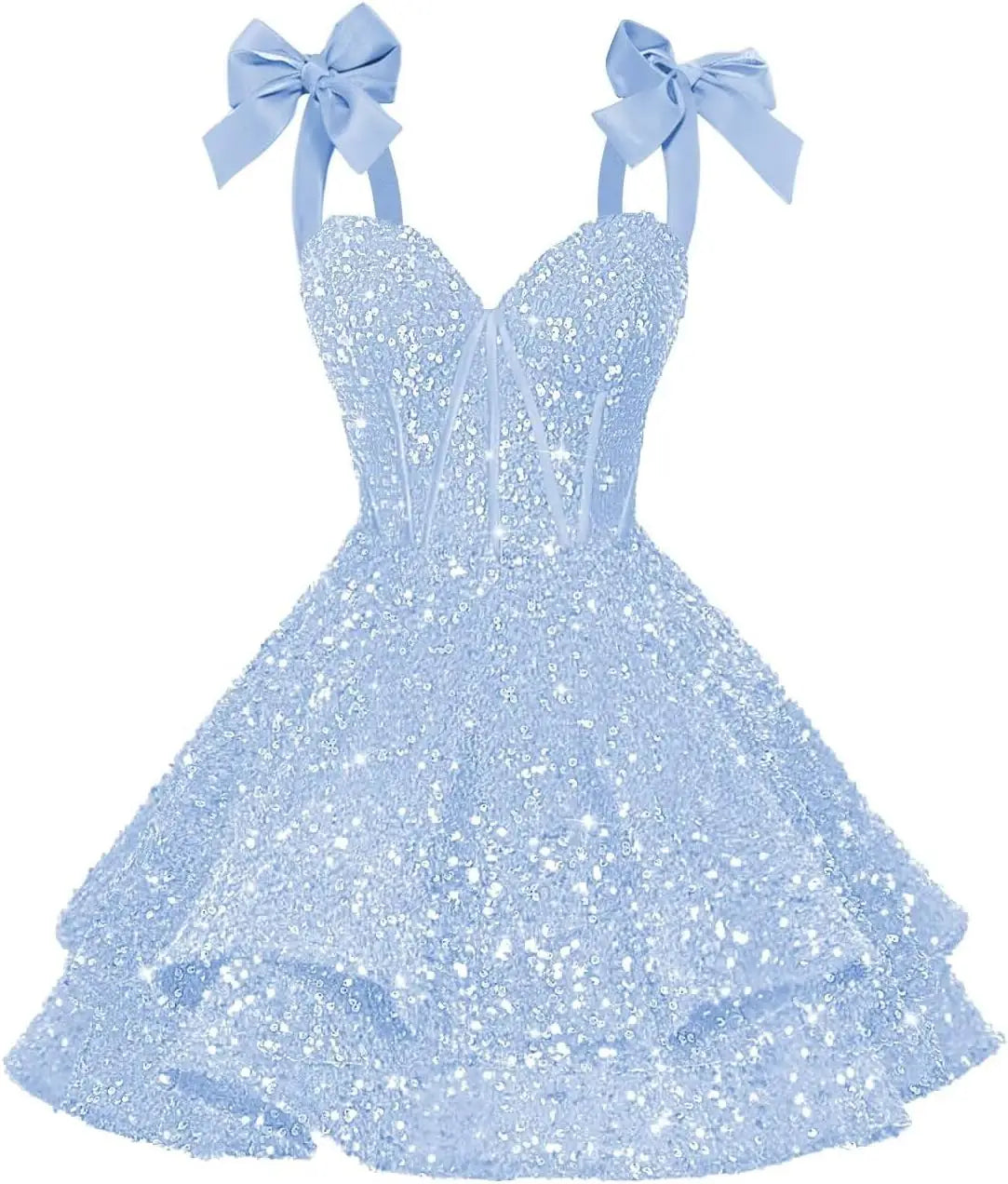 Sparkly Sequin Bows Homecoming Dresses 2026 Short Spaghetti Straps Tiered Satin Sweet Prom Cocktail Dress Graduation Dress