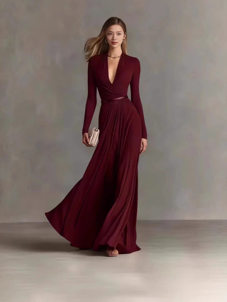 Deep-V Long Sleeve Ruched Waist Maxi Gown