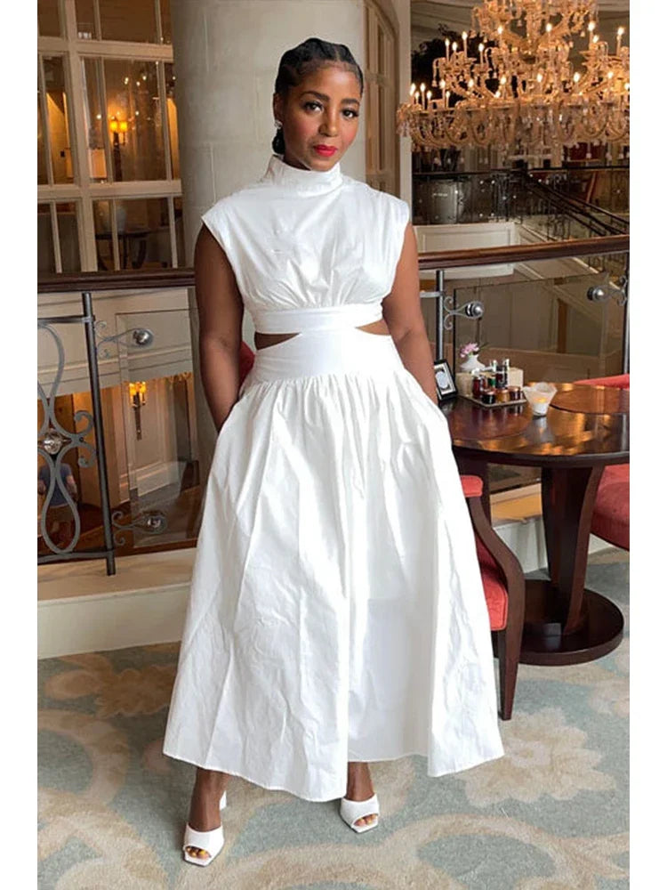 Summer Dresses 2025 Mock Neck Sleeveless Cutout White Maxi Dresses A-Line Elegant Pockets Casual Party Hollow Out Long Dress