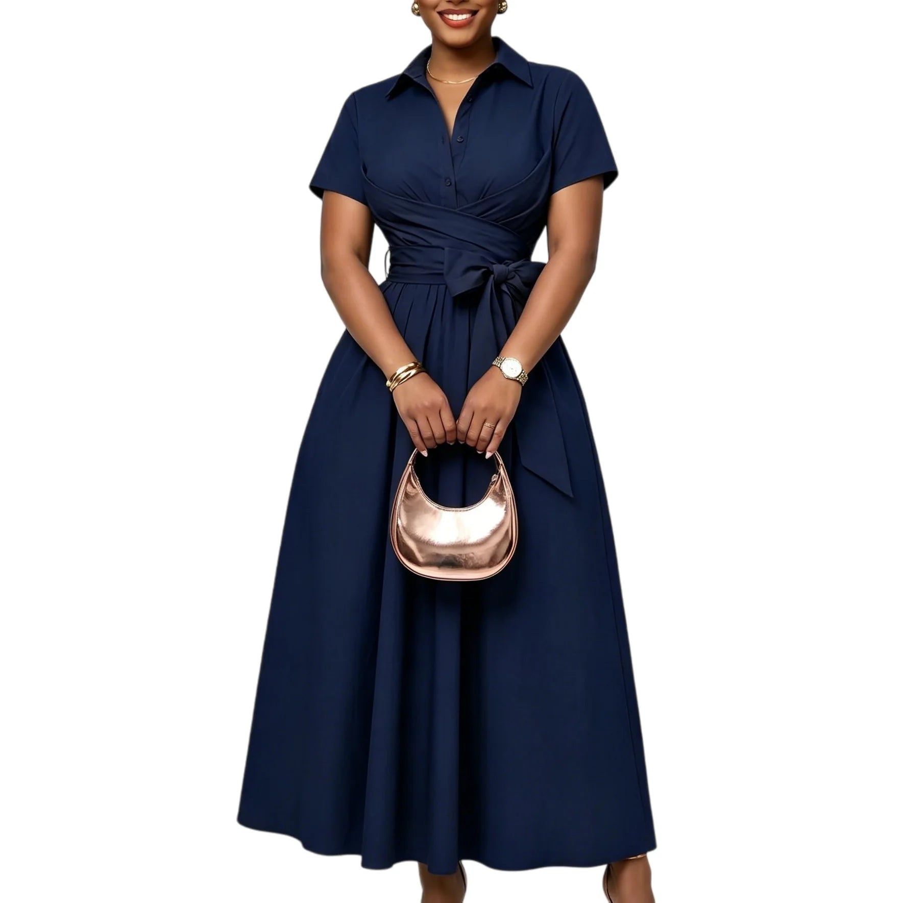 Belted Turn-Down Collar High Waist Midi Dress