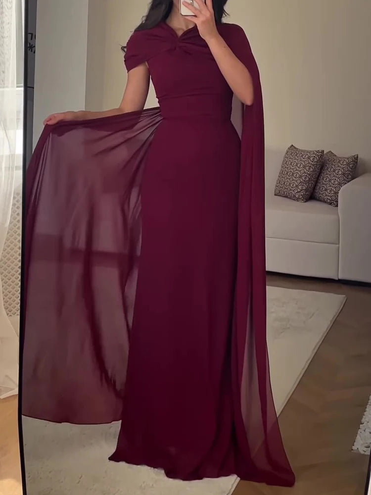 Elegant Women High Waist Banquet Dress Spring Summer New Chiffon Maxi Dress Lady Solid Color Slim Ribbon Ruched Evening Dress