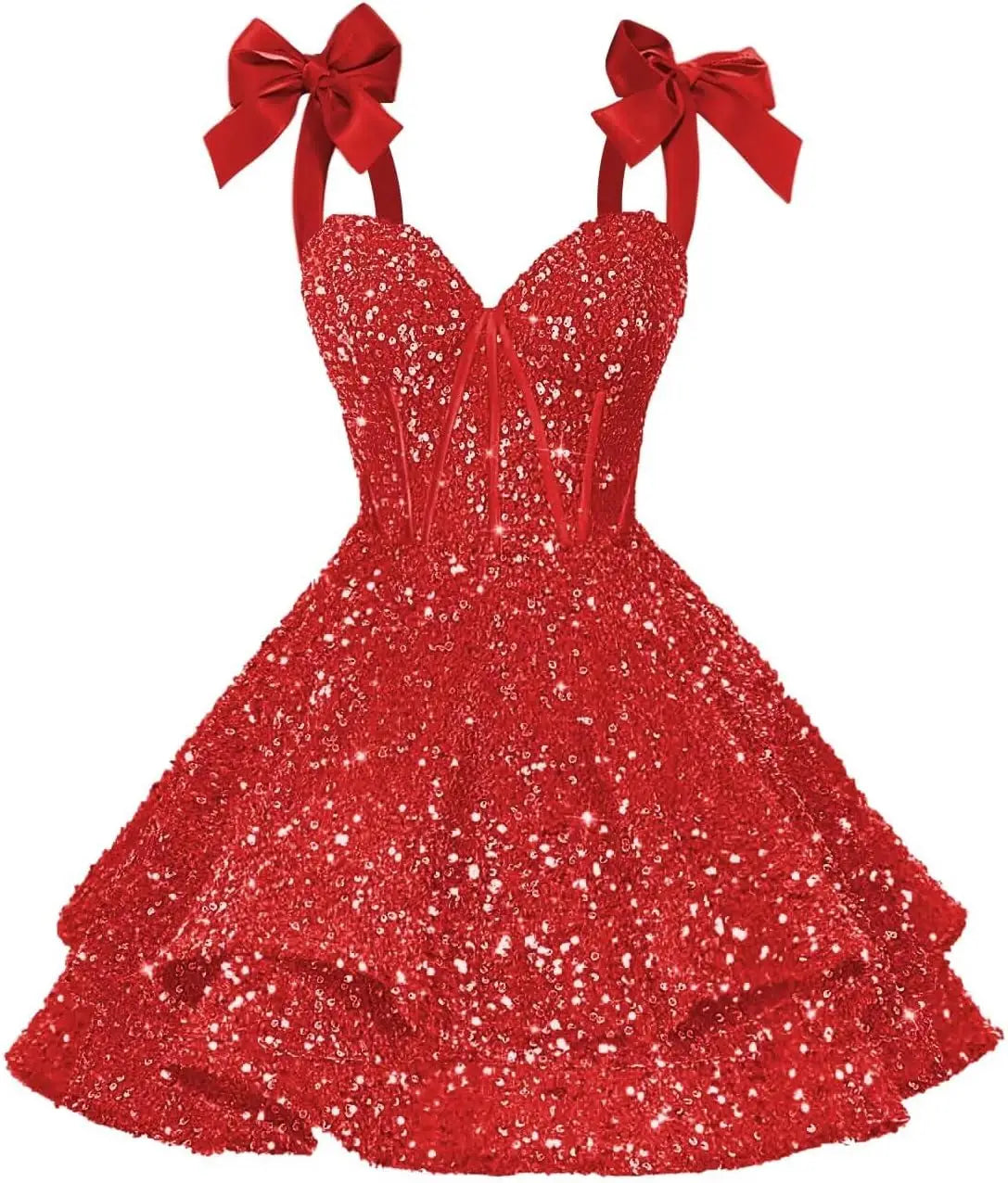 Sparkly Sequin Bows Homecoming Dresses 2026 Short Spaghetti Straps Tiered Satin Sweet Prom Cocktail Dress Graduation Dress