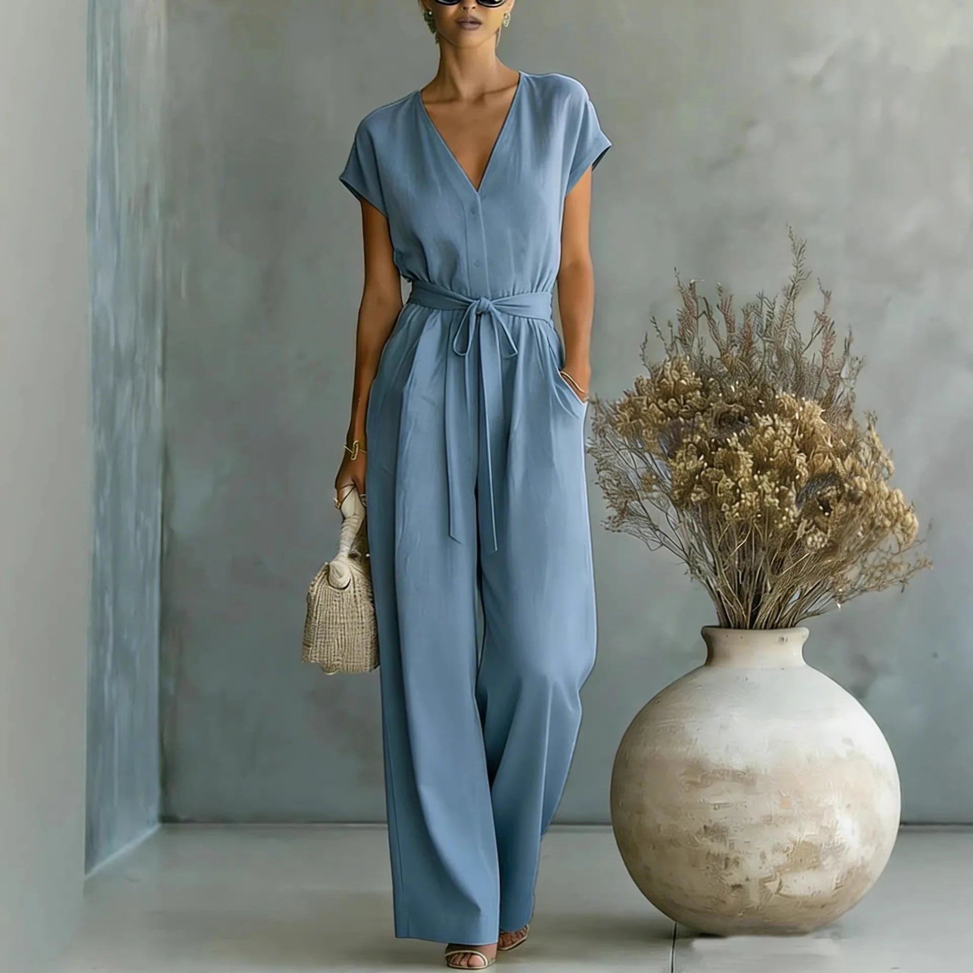 V-Neck Button Short Sleeve Lace-Up Wide-Leg Jumpsuit