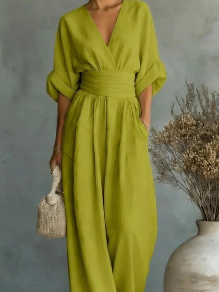 New Women's Jumpsuit Fashion High Waist V-neck Jumpsuits Solid Color Casual Office Wide Leg Trousers Overalls Vacation Outfit