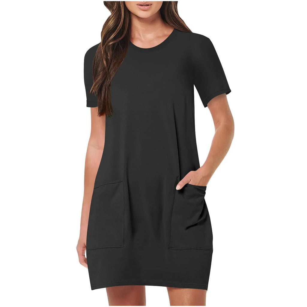 Loose Pocket Round-Neck Casual Mini Dress