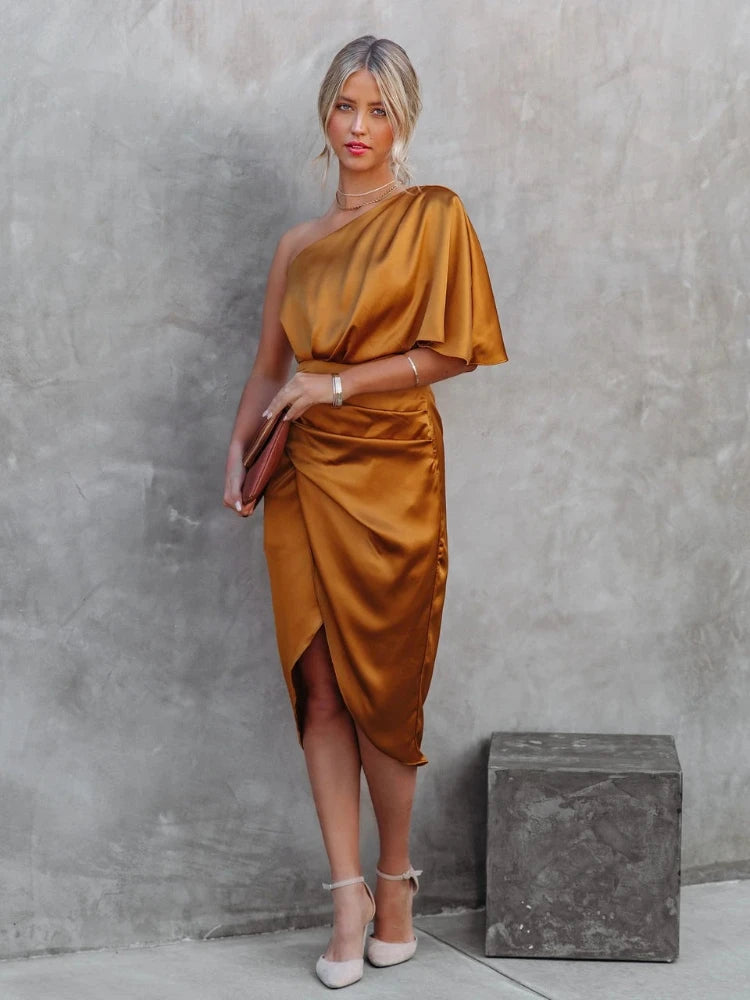Asymmetric Satin Oblique Collar Mini Dress