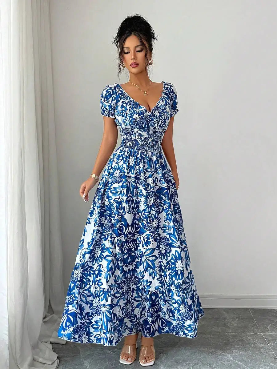 Floral Puff Sleeve Open Back Shirred Maxi Dress