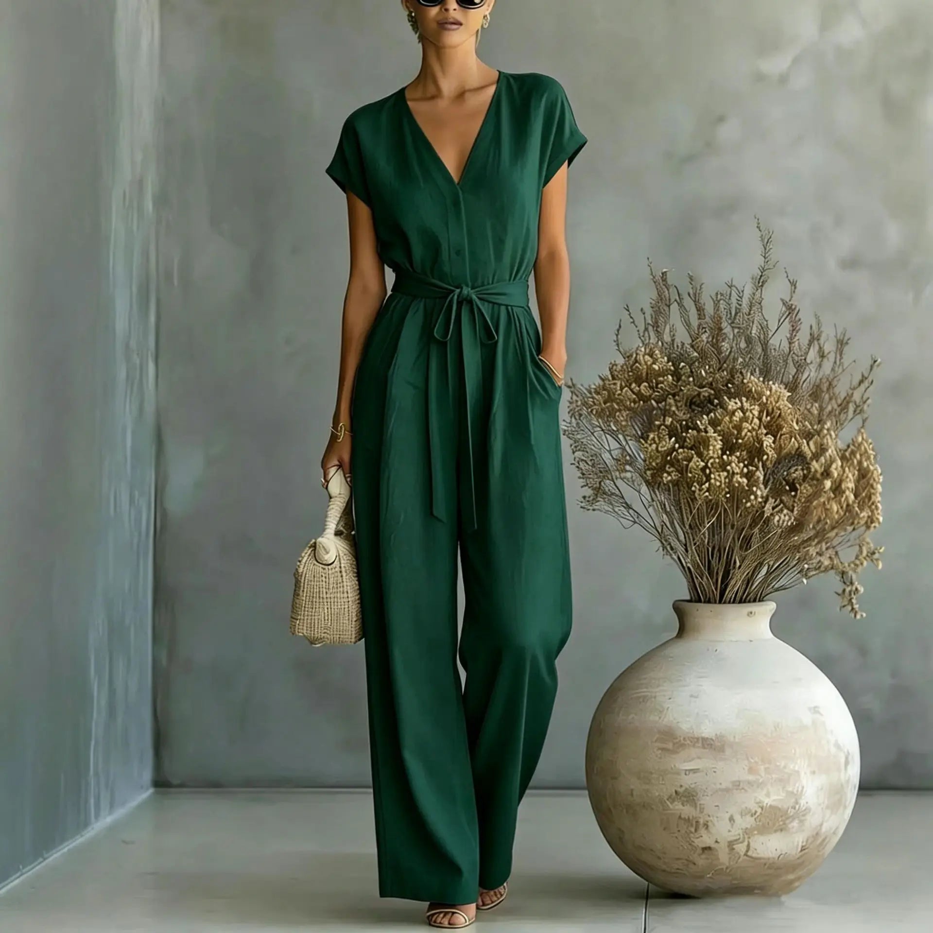 V-Neck Button Short Sleeve Lace-Up Wide-Leg Jumpsuit