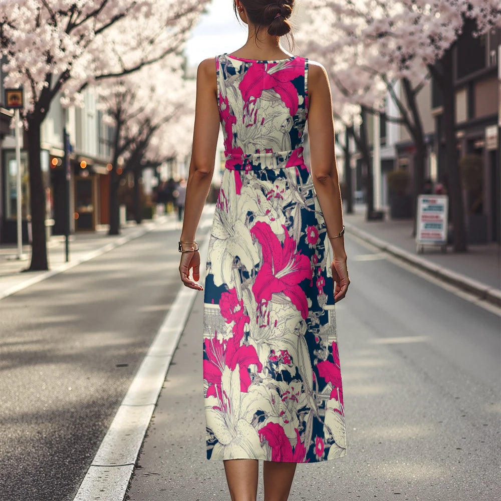 Floral Slash-Neck Sleeveless A-Line Midi Dress