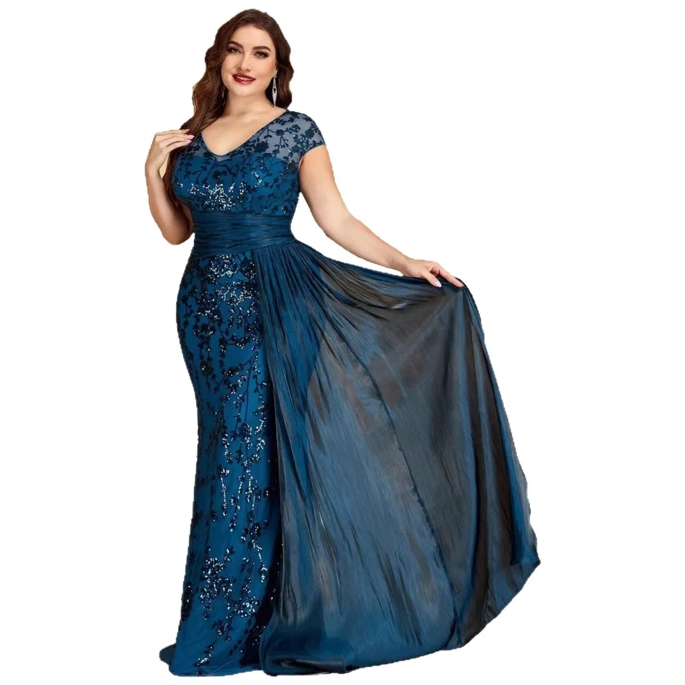 Elegant Beaded V-Neck Sleeveless Evening Dress Midi Skirt for Women Knitted Fabric Glitzy Sequin Party Ball Gown Mom Size