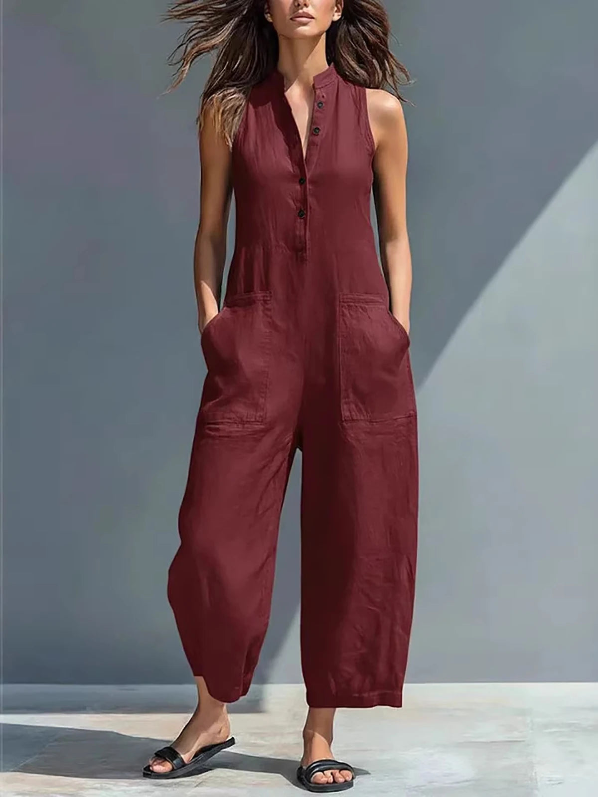 Sleeveless Stand Collar Button-Down Slim Straight-Leg Jumpsuit with Pockets