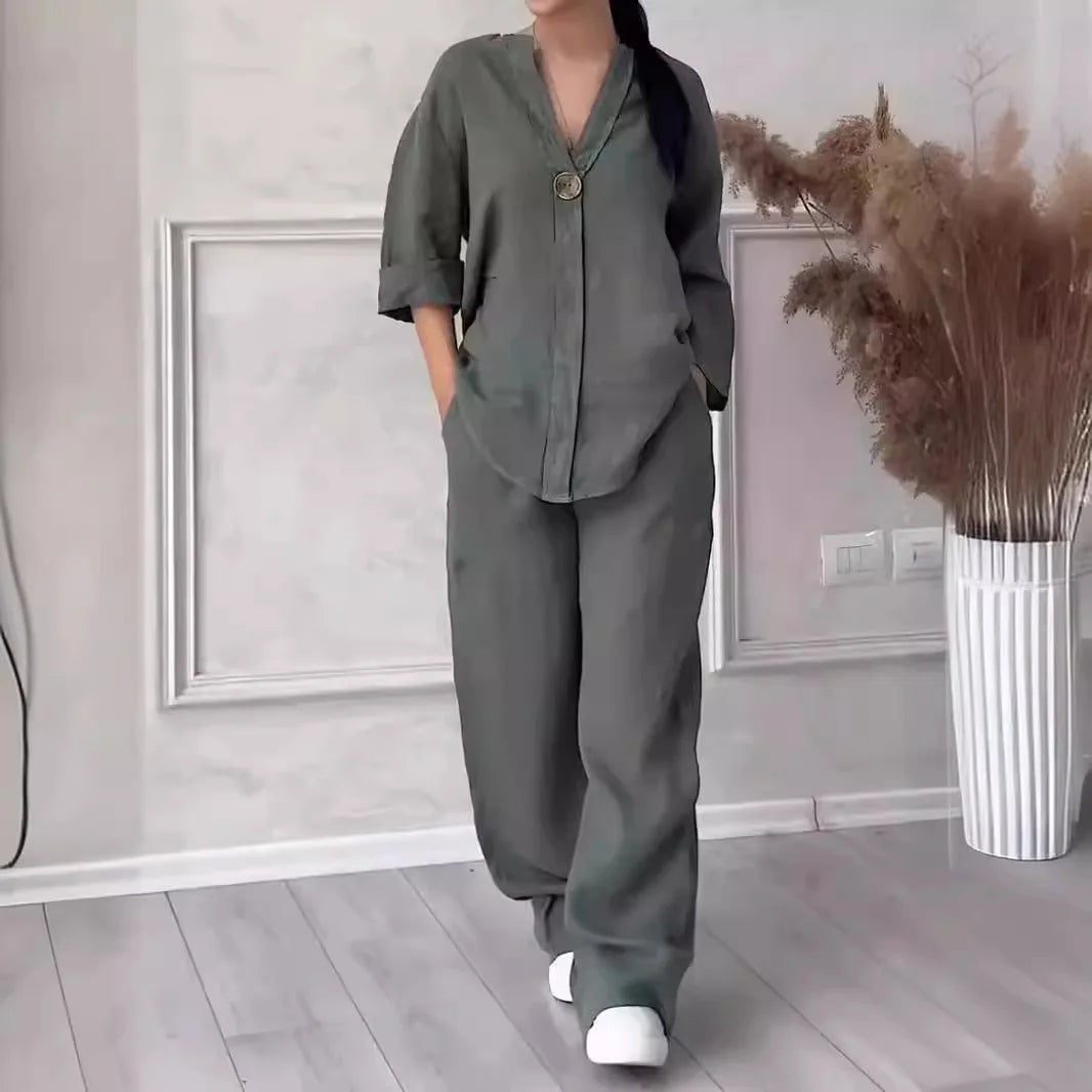 Long Sleeve Blouse & Wide Leg Pant Set