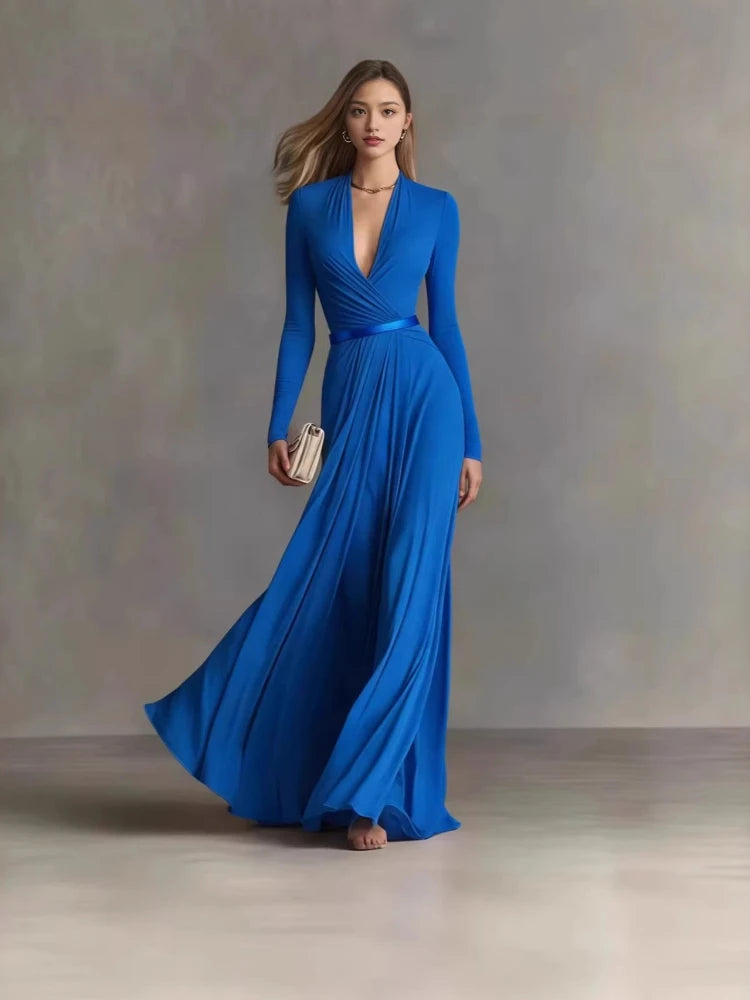 Deep-V Long Sleeve Ruched Waist Maxi Gown