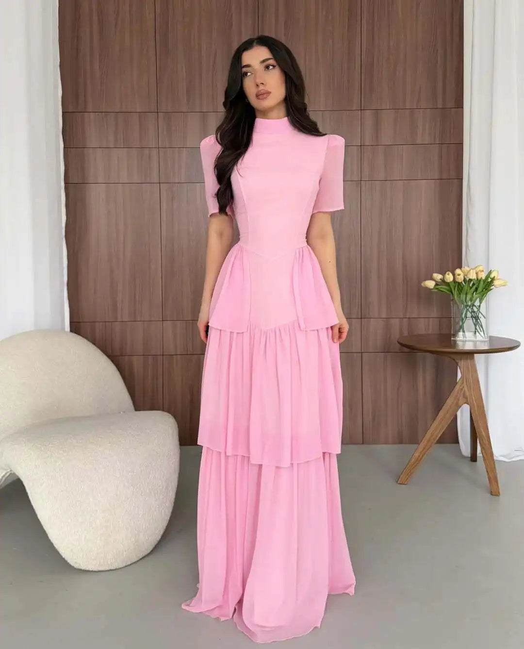 Tiered Pleated Round-Neck Midi Dress