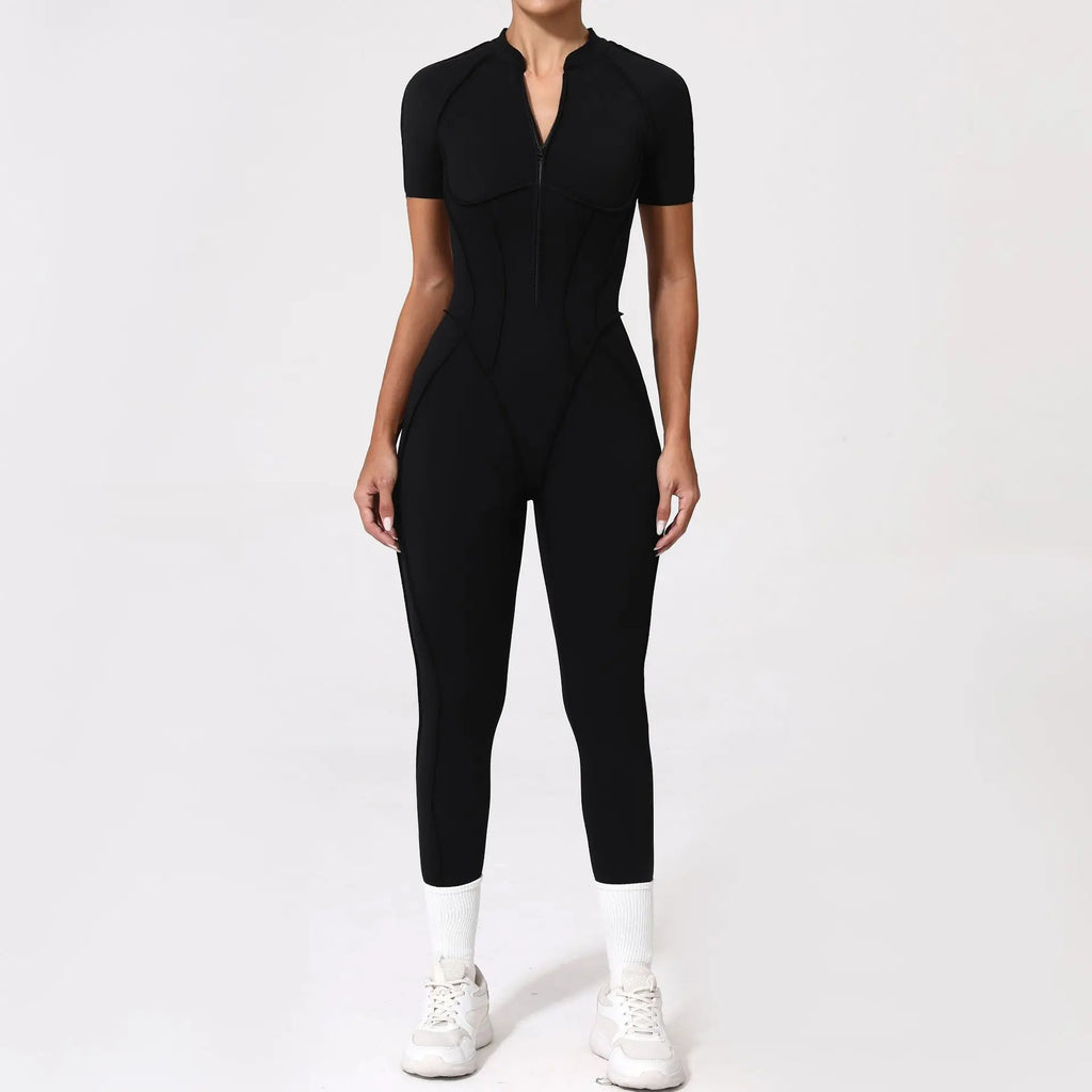Sexy Hollow Backless Sport Bodycon Jumpsuits Women Sportswear Short Sleeve Zipper Gym Fitness Overalls One Piece Yoga Clothes