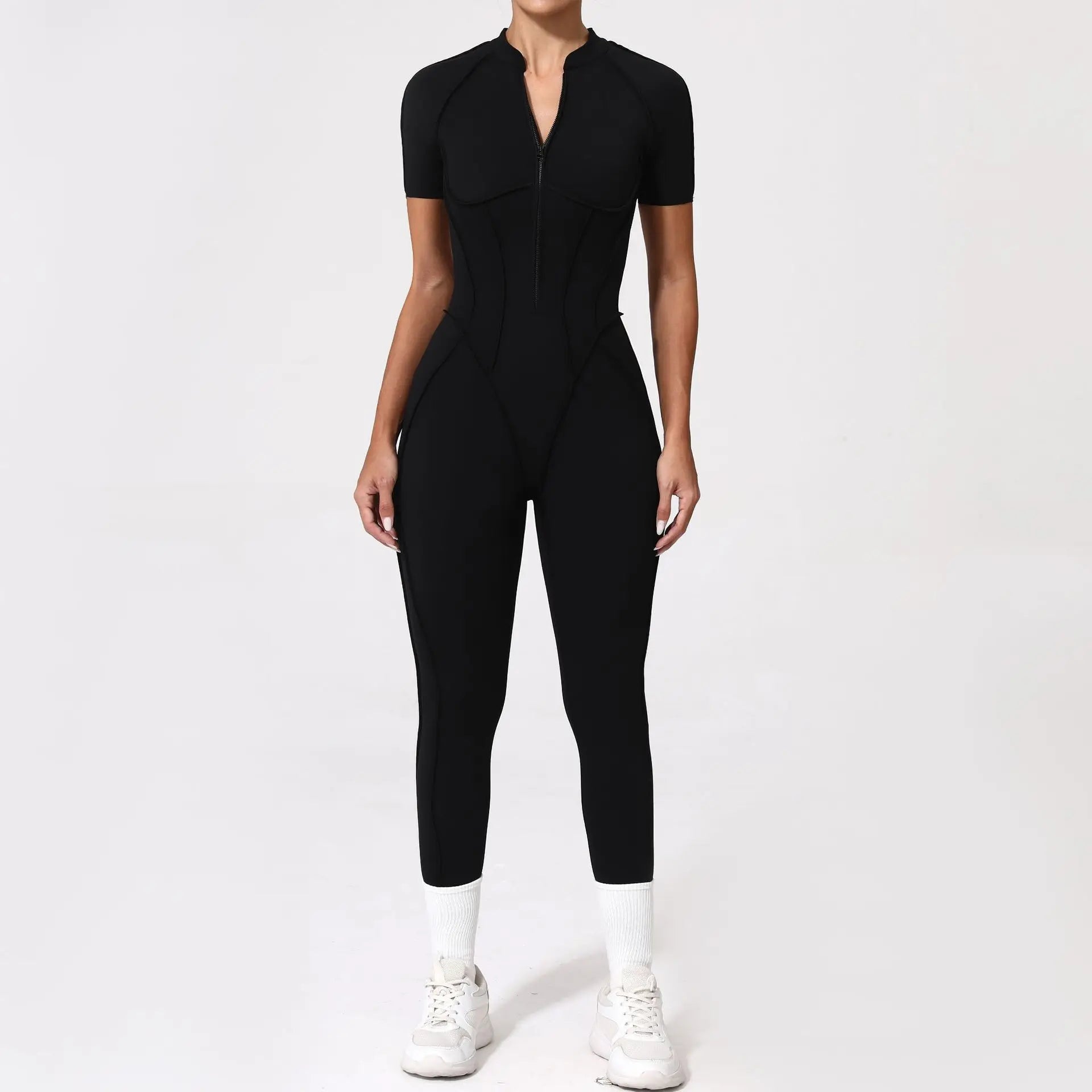 Sexy Hollow Backless Sport Bodycon Jumpsuits Women Sportswear Short Sleeve Zipper Gym Fitness Overalls One Piece Yoga Clothes